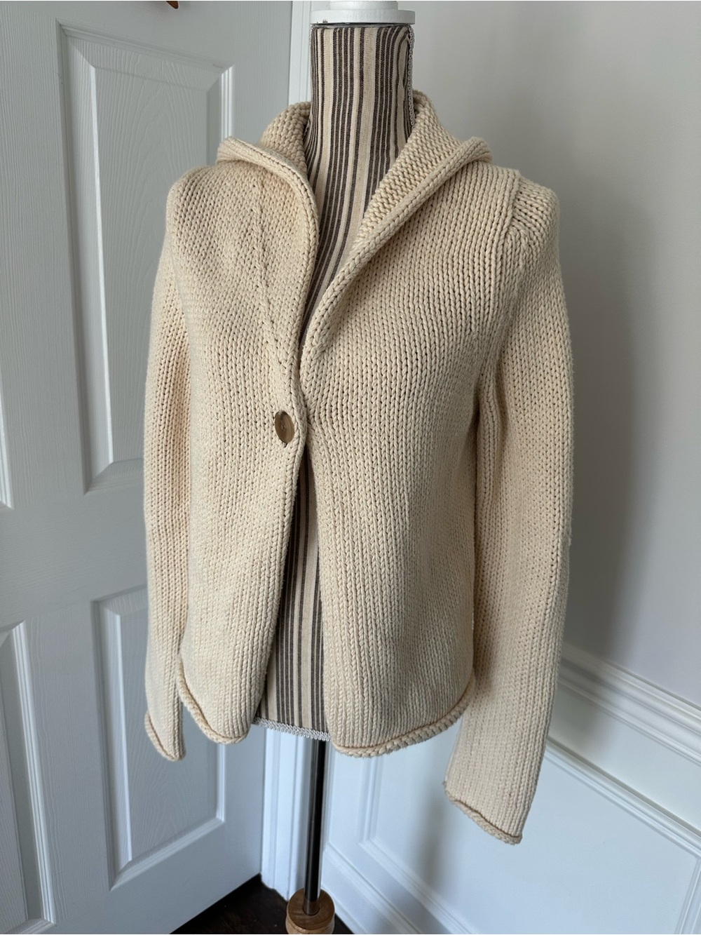 Gap Chunky Knit Hooded Cardigan Sweater Cream Cotton Blend Button Front M